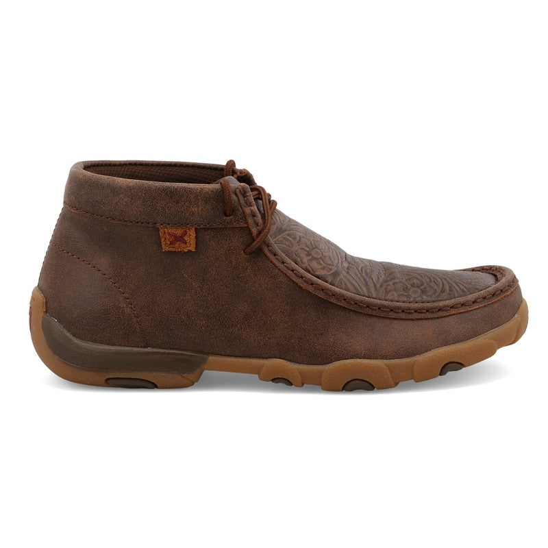 Allen's Bootery brown chukka boots with western-inspired tooled leather vamp and durable slip-resistant outsole.