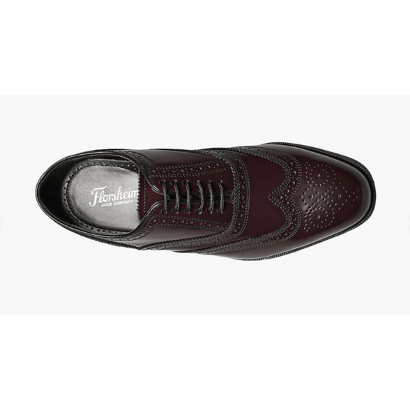 Allen's Bootery Florsheim Lexington burgundy leather wingtip oxford shoe with intricate perfing and lace-up closure