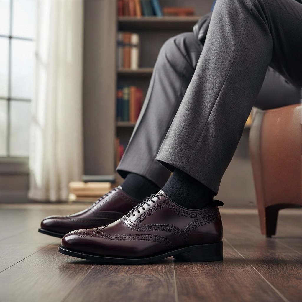 Allen's Bootery burgundy leather wingtip oxford shoes with intricate perfing worn with grey trousers in a study.
