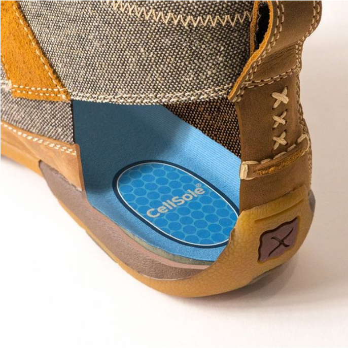 Allen's Bootery CellSole blue cushioned footbed inside a brown canvas and leather casual shoe with cross-stitch detail