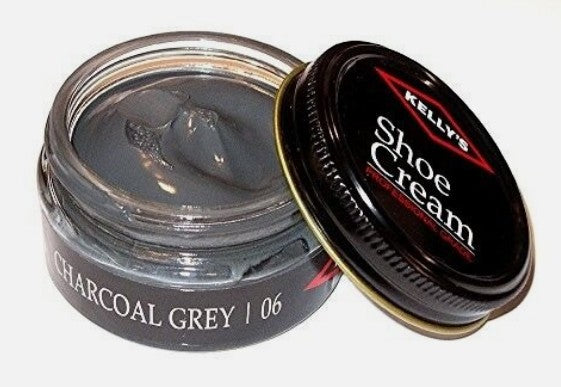 Allen's Bootery Kelly's charcoal grey leather shoe cream in an open glass jar with a black lid.