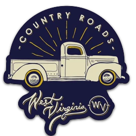 Allen's Bootery Country Roads truck magnet featuring a vintage pickup illustration and West Virginia text in navy blue