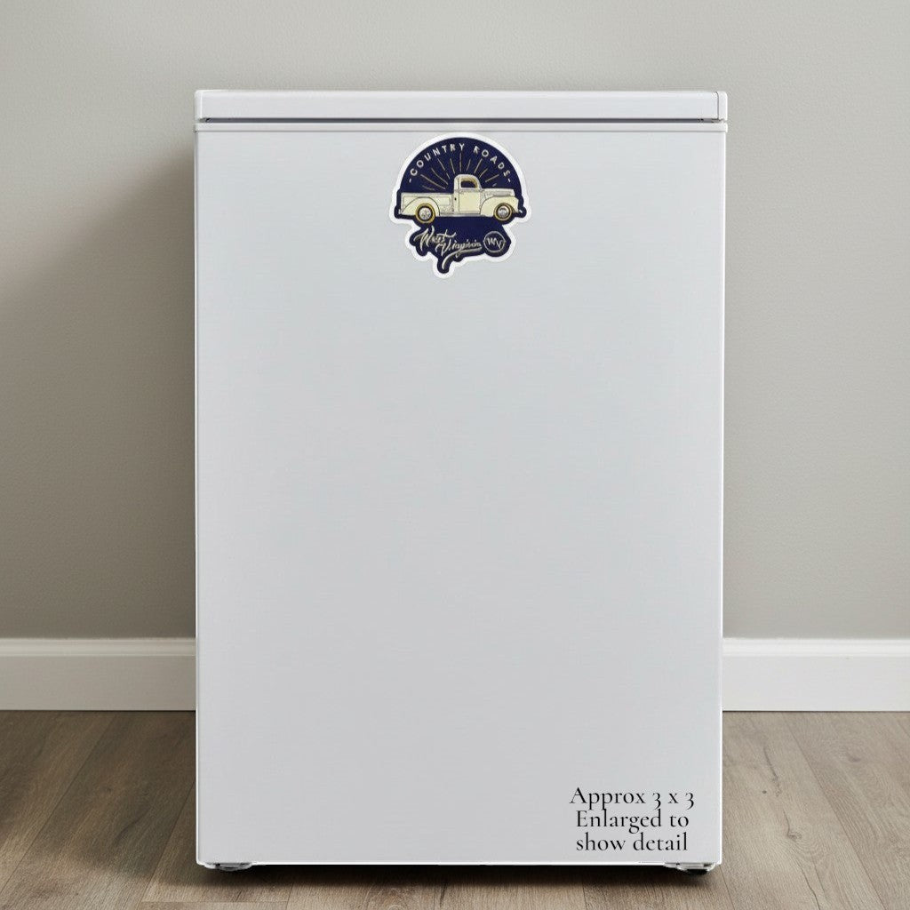 Allen's Bootery Country Roads truck magnet featuring a vintage pickup illustration on a white refrigerator door.