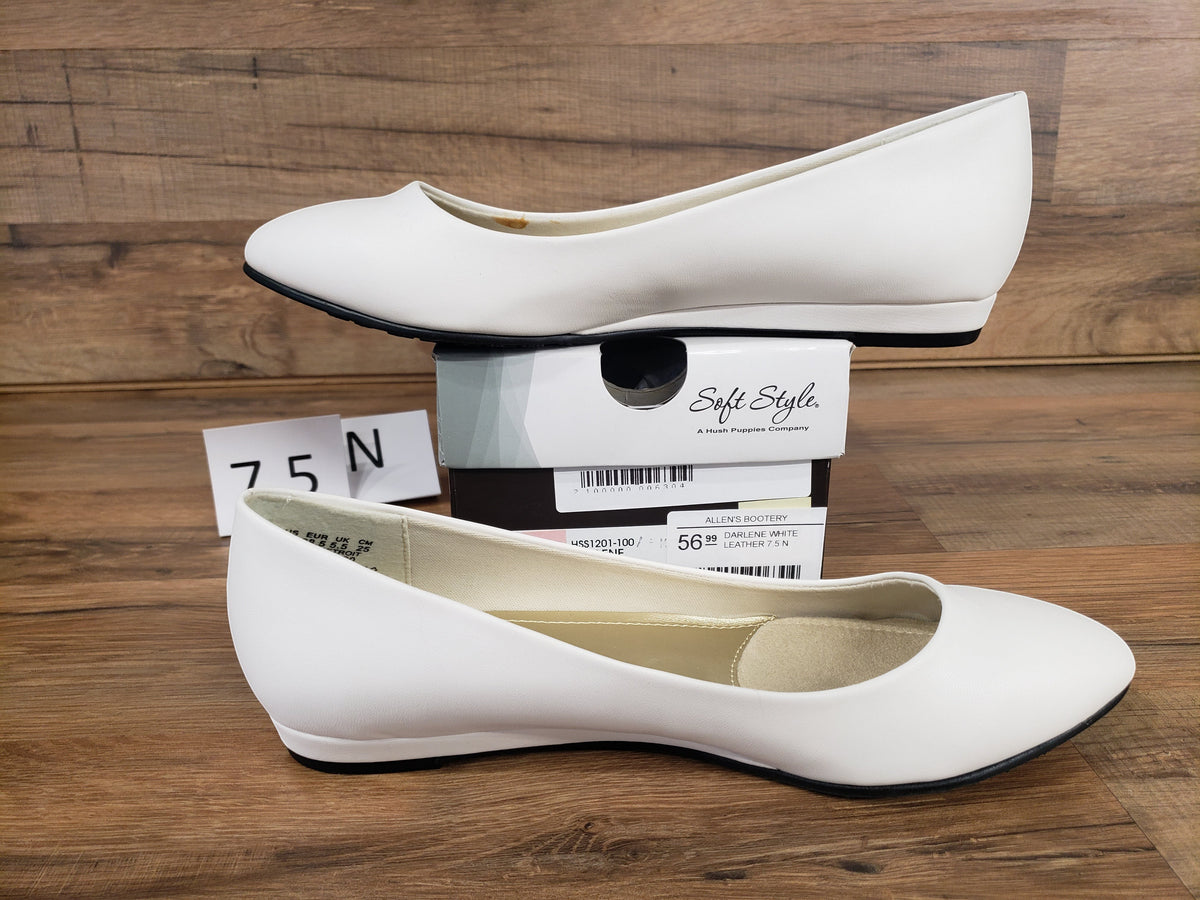 Allen's Bootery Darlene white leather flat shoes with a low wedge heel and synthetic sole