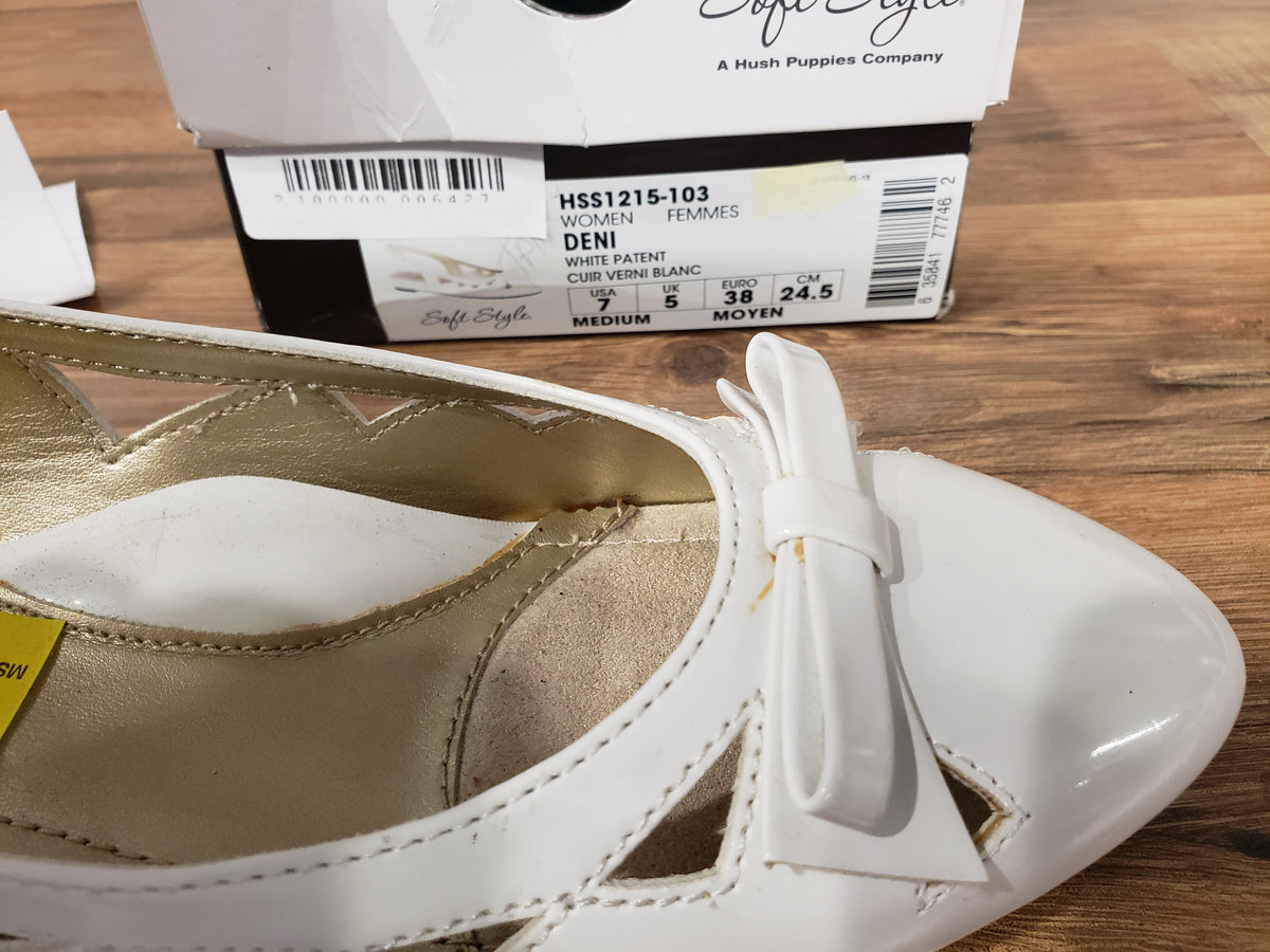 Allen's Bootery Soft Style by Hush Puppies Deni white patent slingback flat with bow detail and box