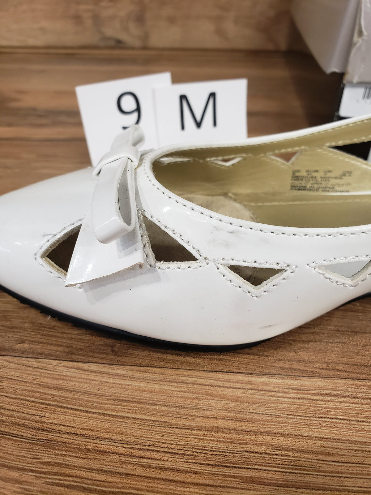 Allen's Bootery Soft Style by Hush Puppies Deni white patent leather slingback flats with bow and cutout details
