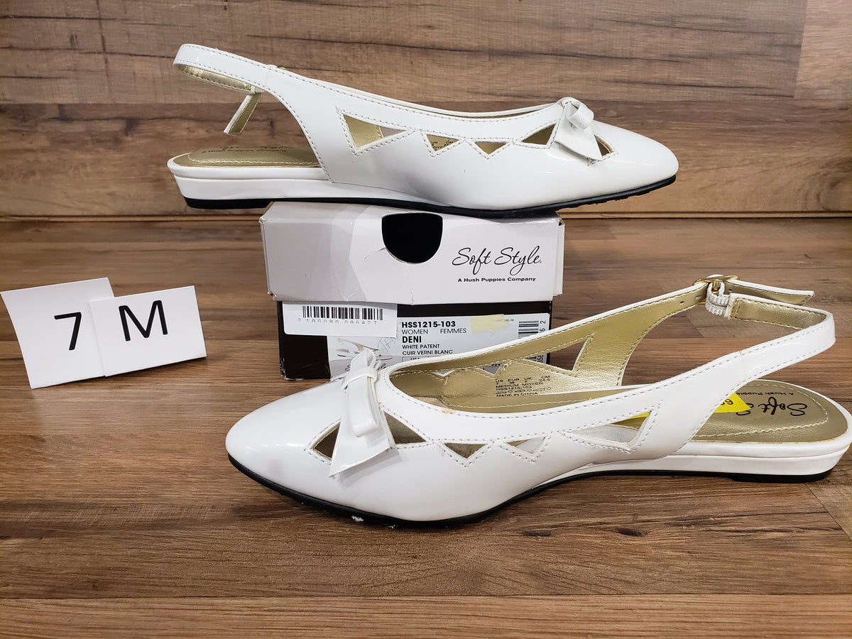 Allen's Bootery Soft Style by Hush Puppies Deni white patent leather slingback flats with bow and cutout details