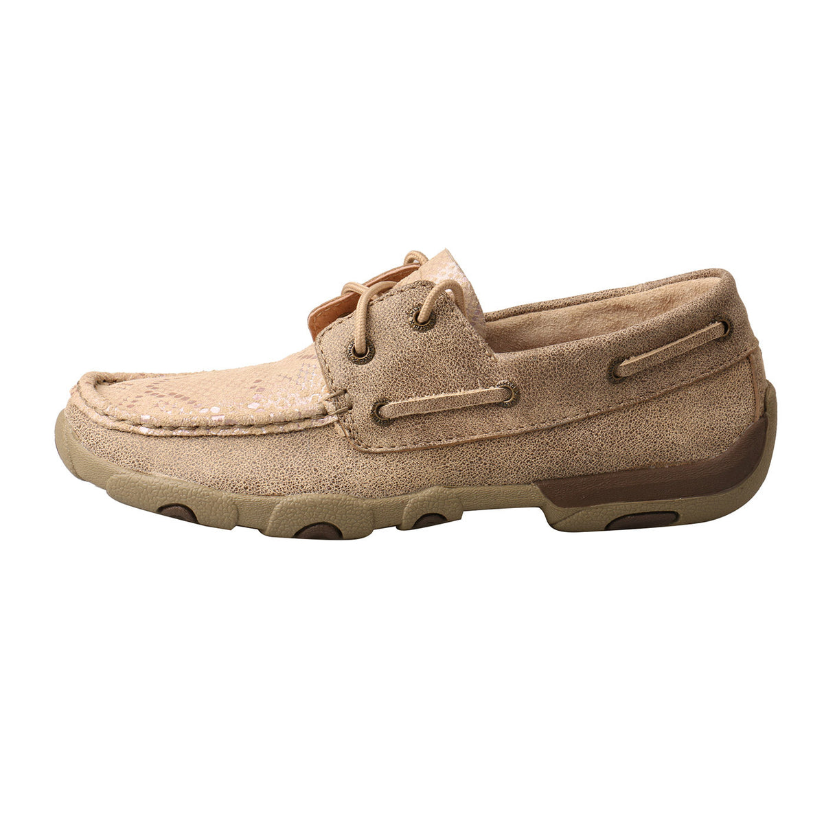 Allen's Bootery dusty tan full-grain leather driving moccasins with a durable rubber outsole and side lace detail.