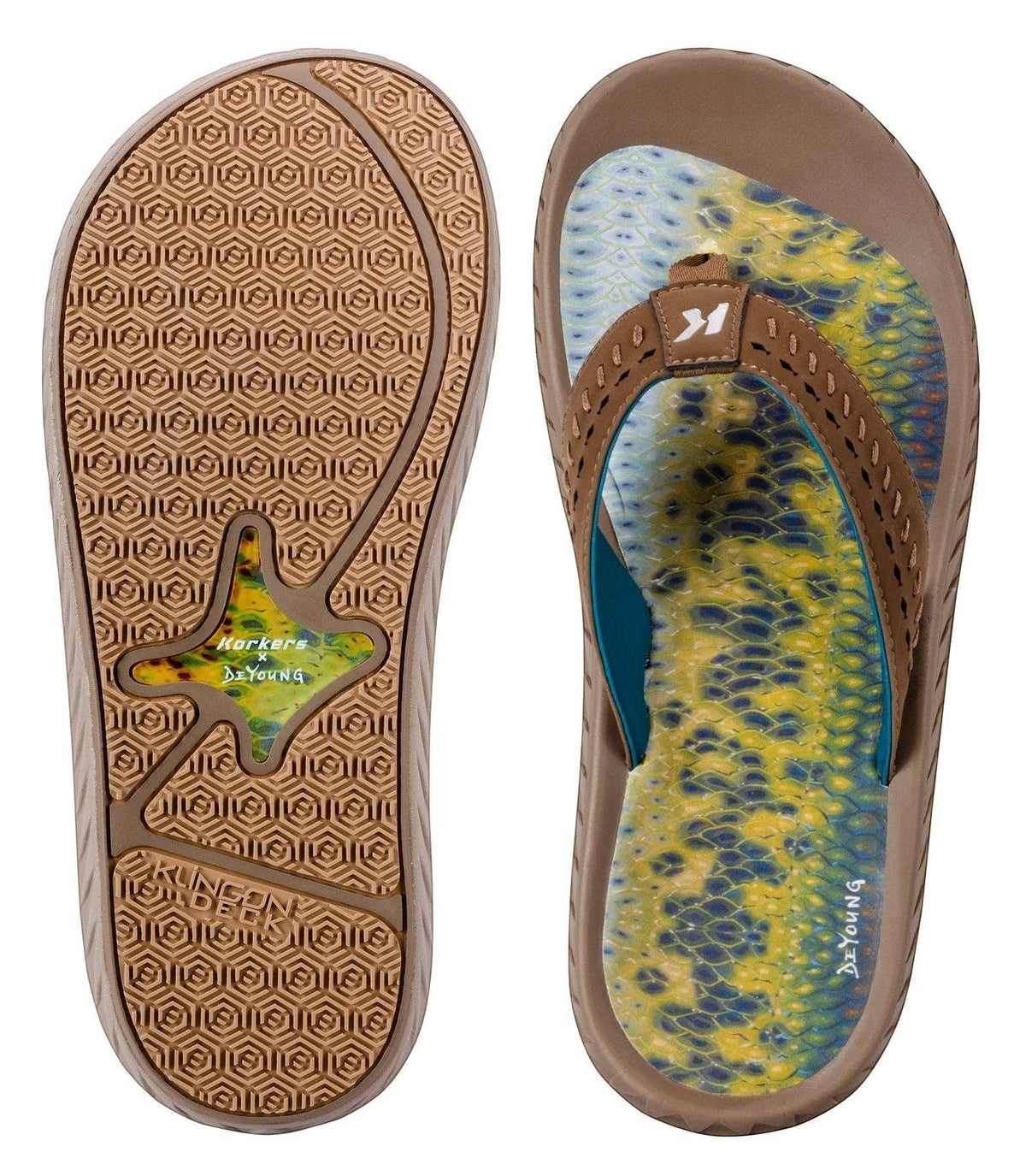Allen's Bootery Men's Fish Flip sandals with brown straps and a vibrant yellow and blue fish print footbed. Non-marking rubber sole.