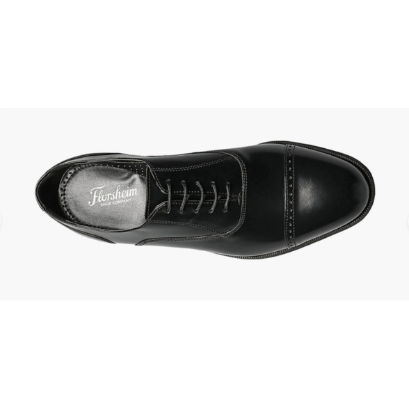 Allen's Bootery Florsheim Lexington black leather cap toe oxford shoe viewed from above with perforated toe detail.