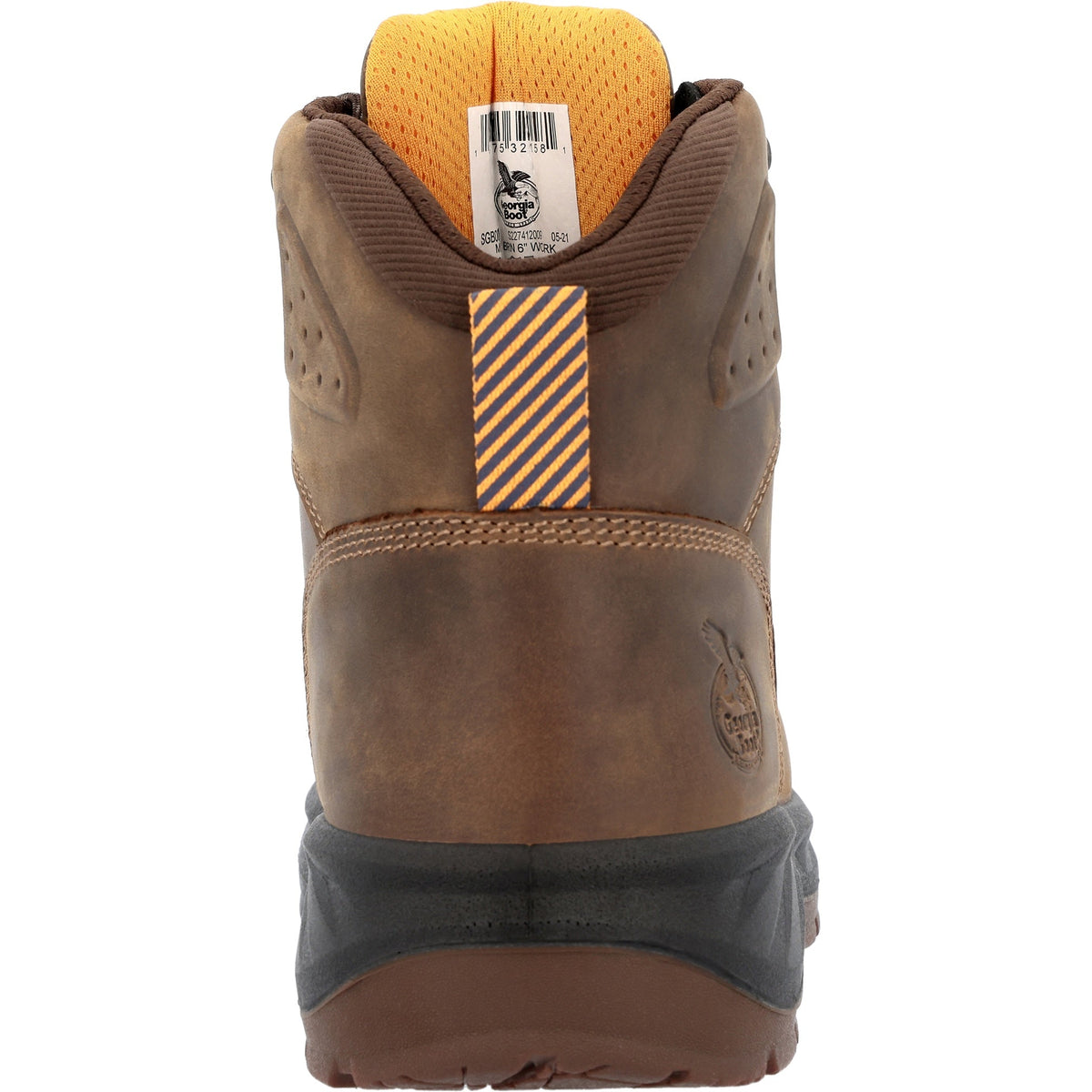 Allen's Bootery Georgia Boot waterproof work boot, brown full-grain leather, rear view showing padded collar and heel