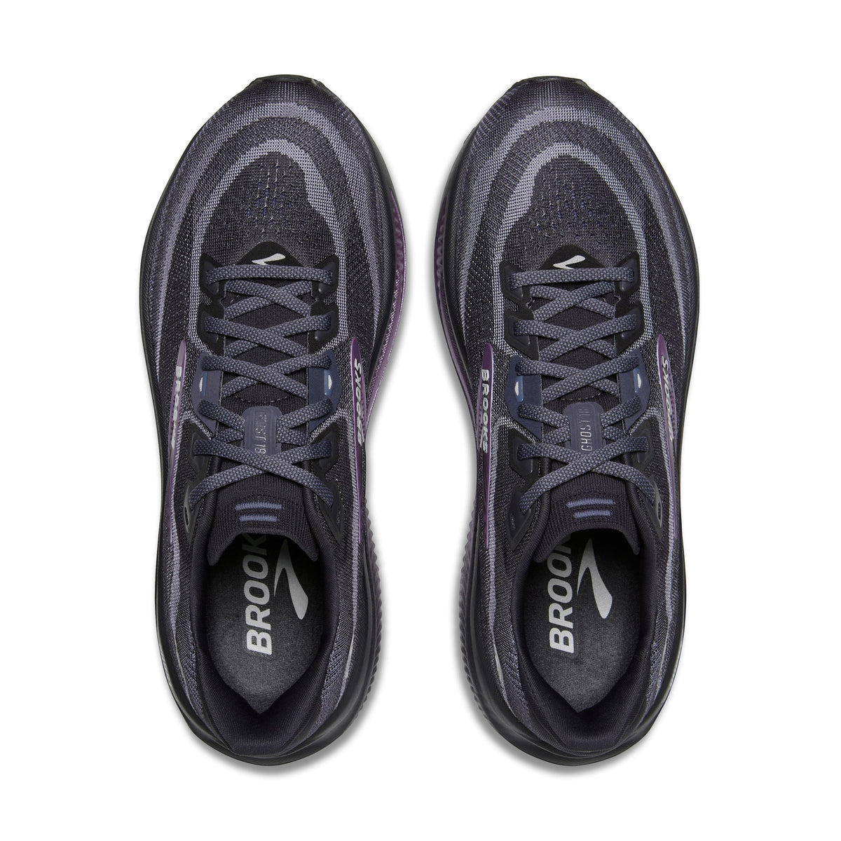 Allen's Bootery women's Ghost 18 road-running shoes in ebony and folkstone with metallic accents, top-down view.