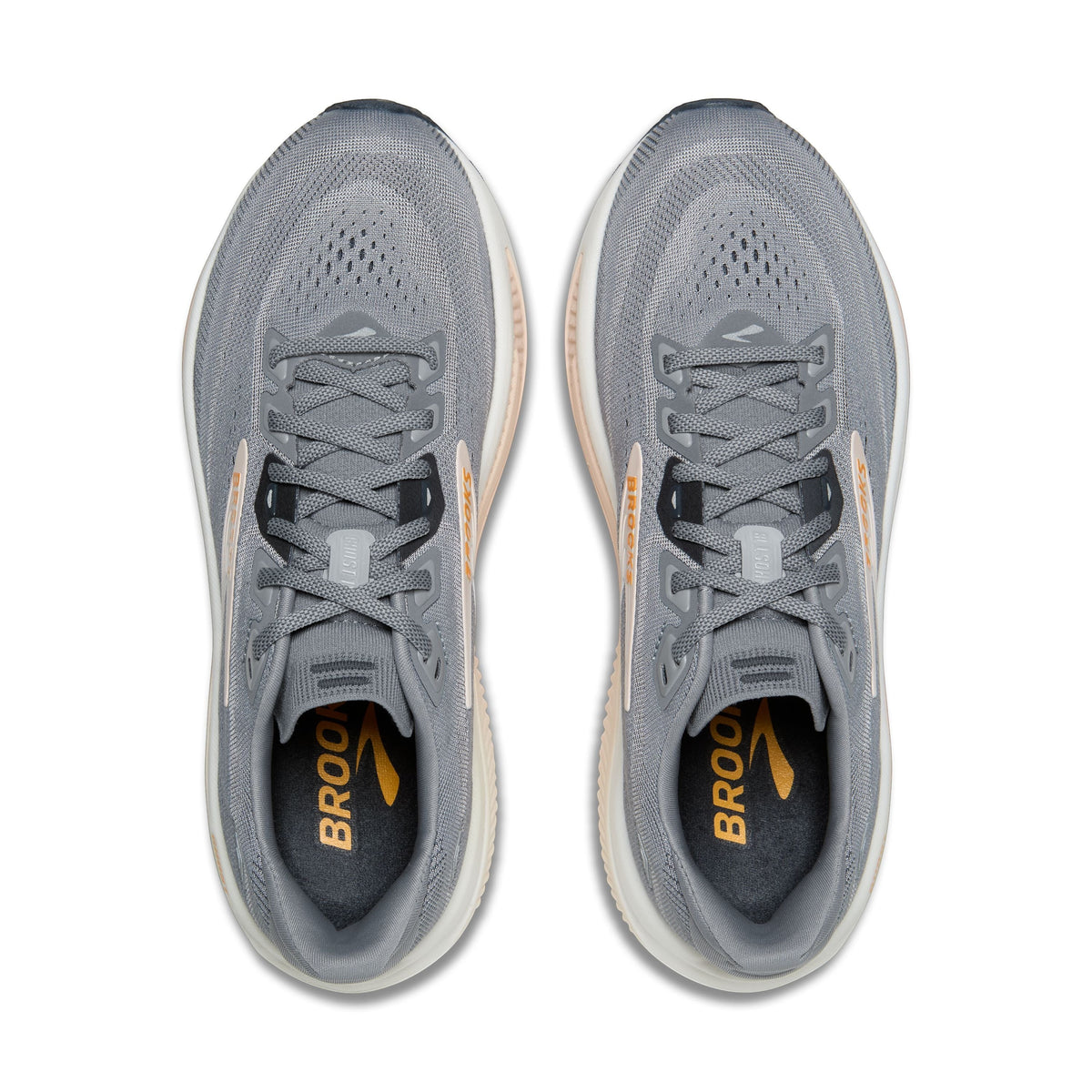 Allen's Bootery women's Ghost 18 road-running shoes in grey, morganite, and coconut with a breathable knit upper.