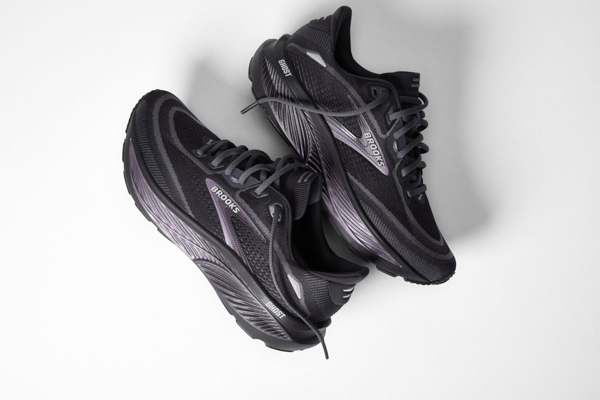 Allen's Bootery women's Ghost 18 road-running shoes in ebony and metallic grey with a breathable knit upper.