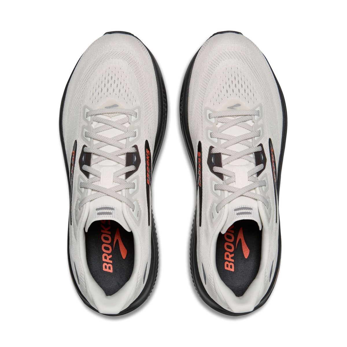 Allen's Bootery men's Ghost 18 road-running shoes in coconut, pearl, and tigerlily with a flat knit upper.