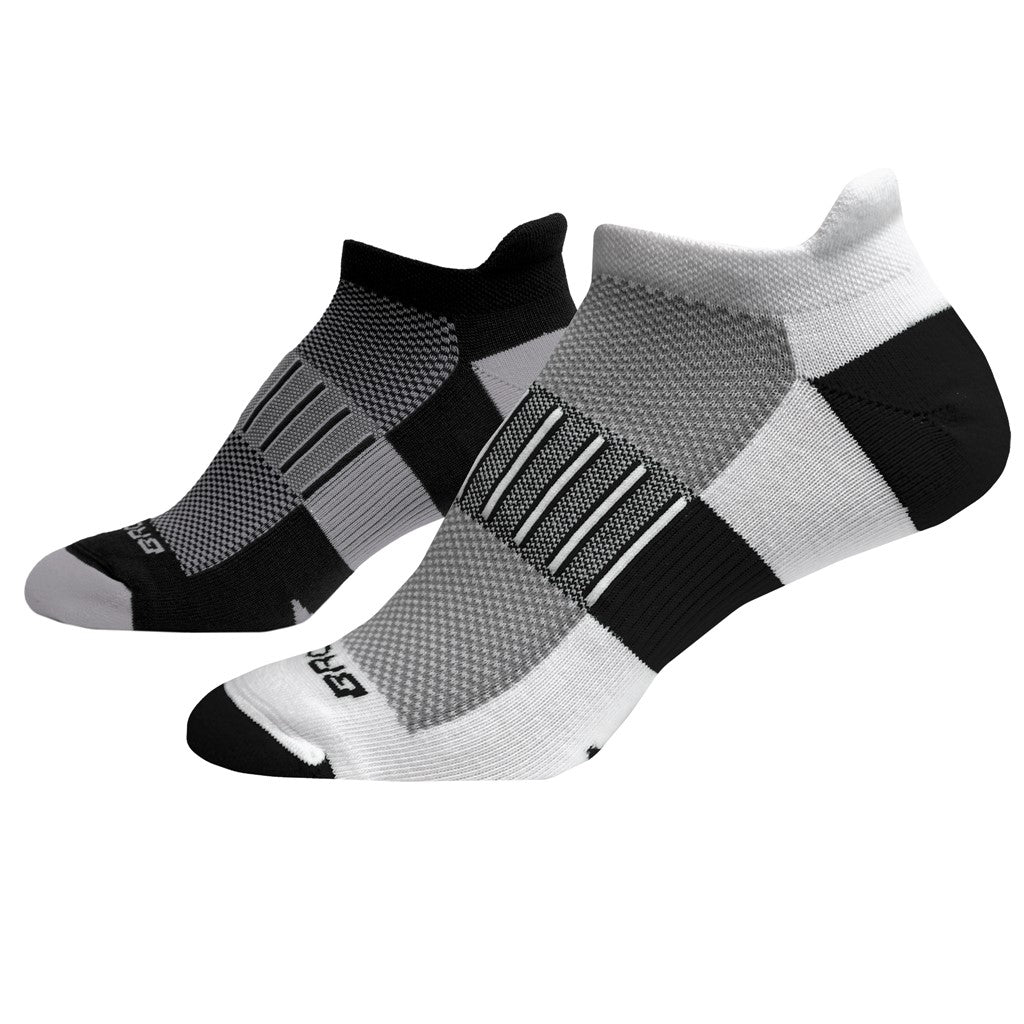 Allen's Bootery Ghost 2-pack athletic socks in black and white with arch compression and heel cushioning.