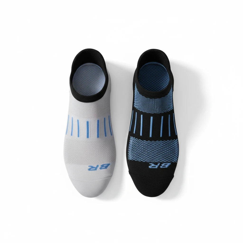 Allen's Bootery Ghost 2-pack performance low-cut socks in black and grey with blue accents and arch support.