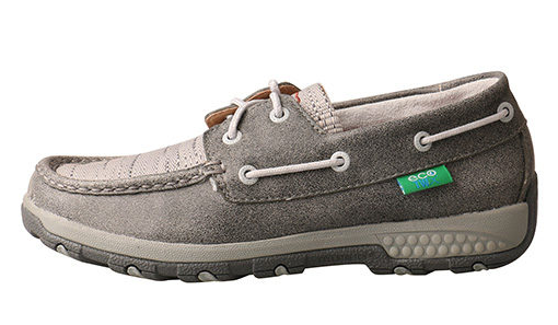 Allen's Bootery grey eco-friendly boat shoe driving moc in leather and tweed with CellStretch comfort technology.