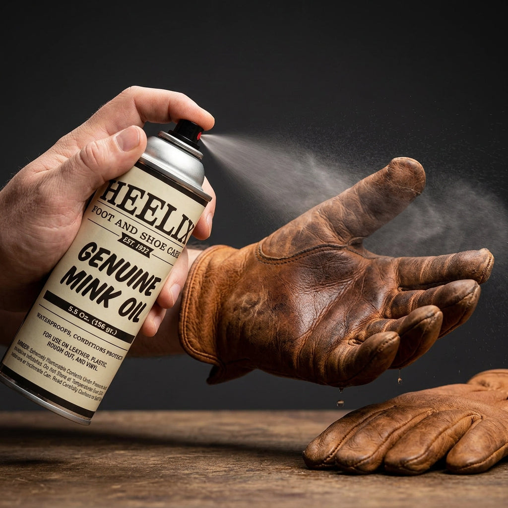 Allen's Bootery HEELIX mink oil spray conditioning a brown leather glove to provide water repellency and protection.