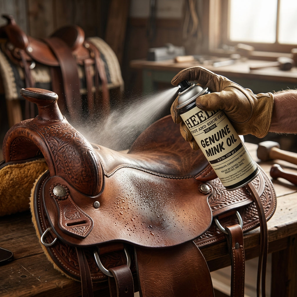 Allen's Bootery HEELIX mink oil spray being applied to a detailed brown leather saddle in a workshop setting.