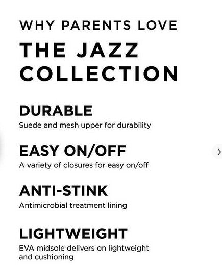 Allen's Bootery Jazz collection features durable suede and mesh, easy closures, anti-stink lining, and EVA midsoles.