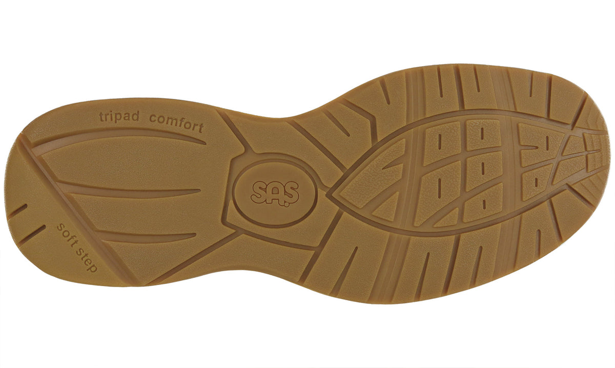 Allen's Bootery Journey II shoe tan rubber outsole with tread pattern, SAS branding, and tripad comfort technology.