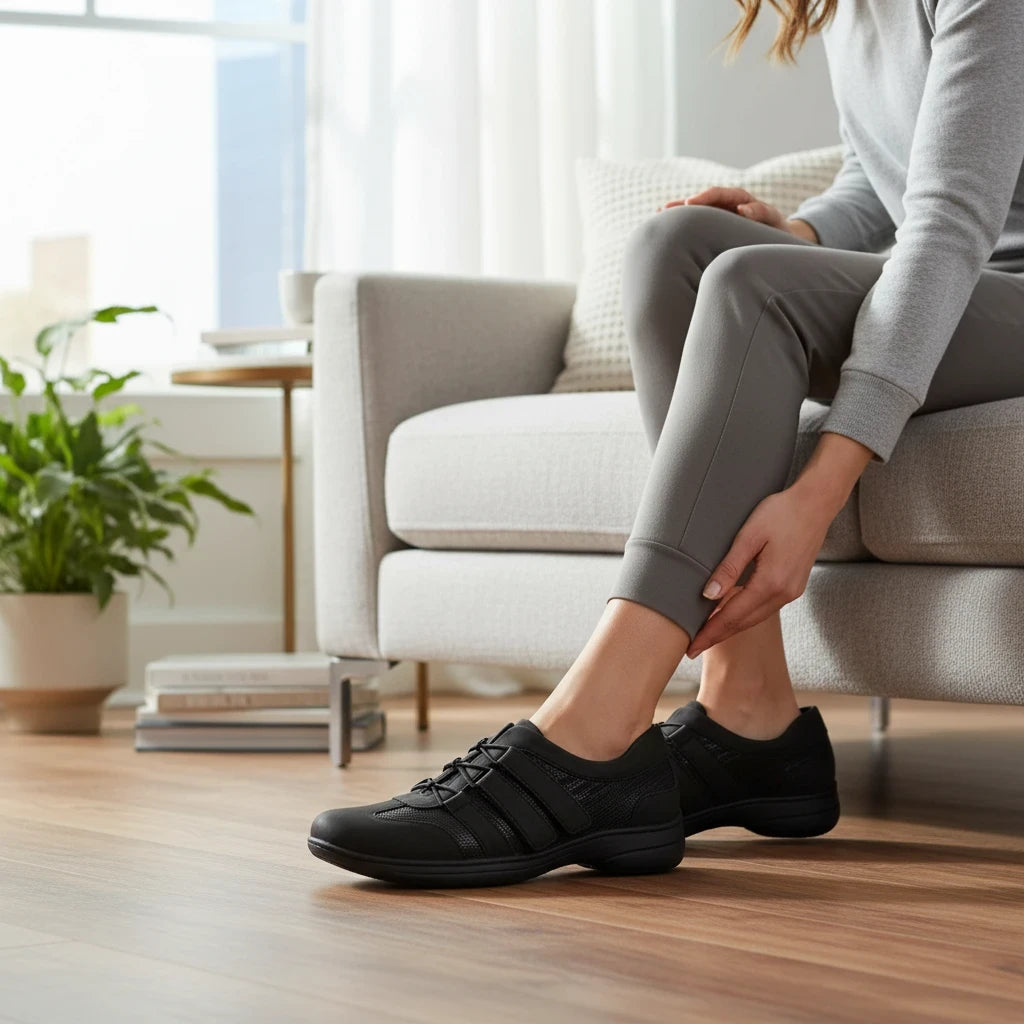 Allen's Bootery Joy black sporty walking shoe with elastic no-tie laces and cushioned sole worn by a woman on a sofa.
