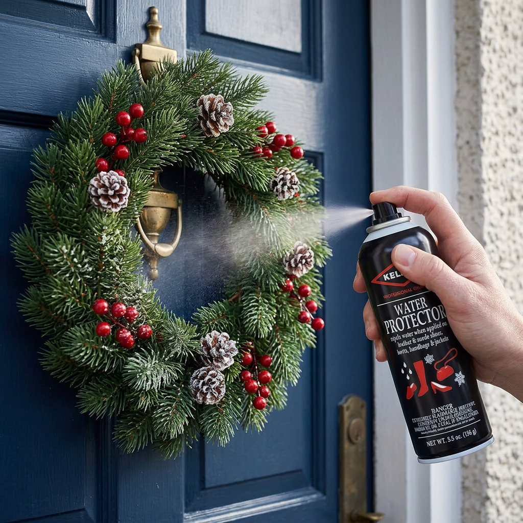 Allen's Bootery KELLY water and stain protector spray being applied to a festive holiday wreath on a blue door