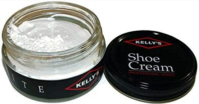 Allen's Bootery Kelly's white leather shoe cream in a glass jar for conditioning and restoring leather goods.