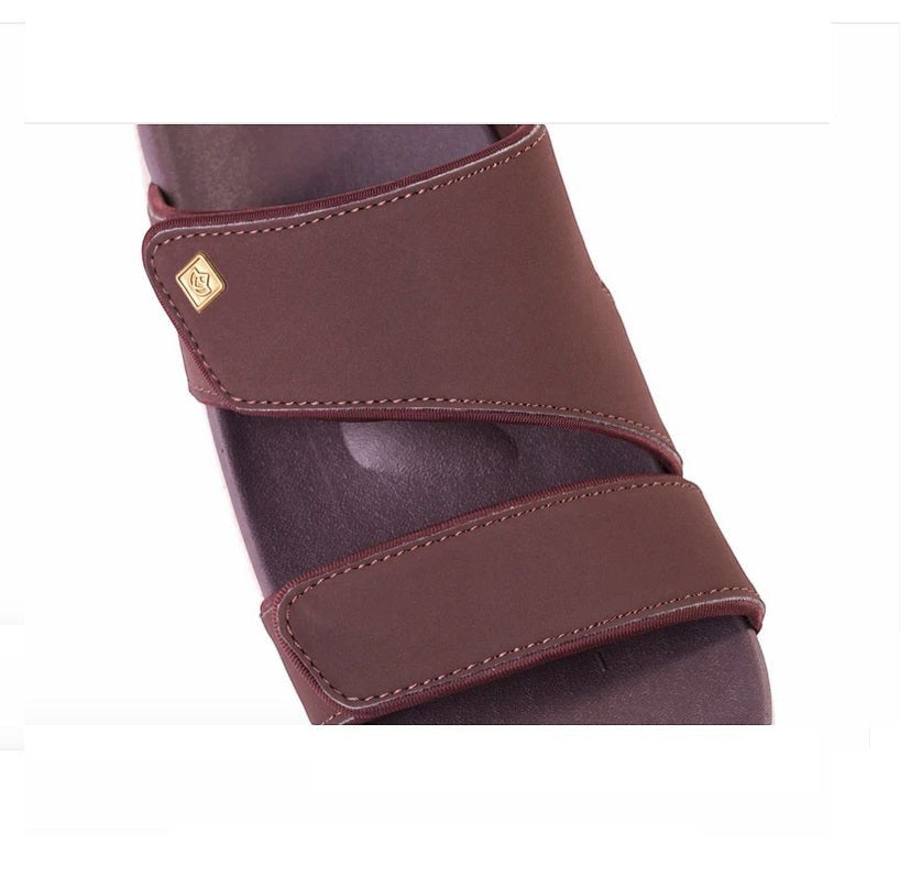 Allen's Bootery Kholo Nuevo French Roast metallic leather-like sandal with adjustable straps and orthotic footbed.