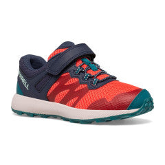 Allen's Bootery kids trail running shoe in navy and coral with hook and loop closure and reinforced toe cap.