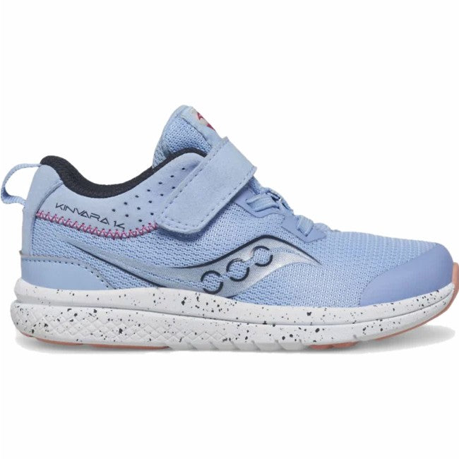 Allen's Bootery light blue Kinvara 14 kids running shoe with mesh upper, hook and loop closure, and speckled midsole.