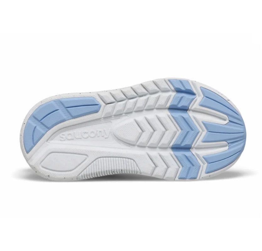Allen's Bootery Kinvara 14 kids running shoe showing the white and light blue non-marking rubber tread sole