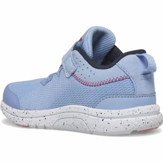 Allen's Bootery light blue mesh running shoe for kids with hook and loop closure and speckled white EVA midsole