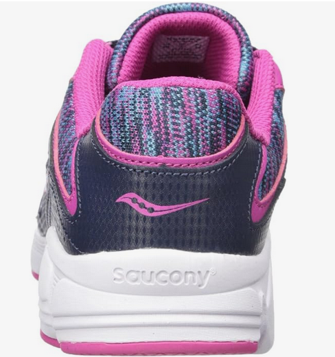 Allen's Bootery Little Kid's Kotaro navy and multi-colored sneaker showing the heel view with pink lining