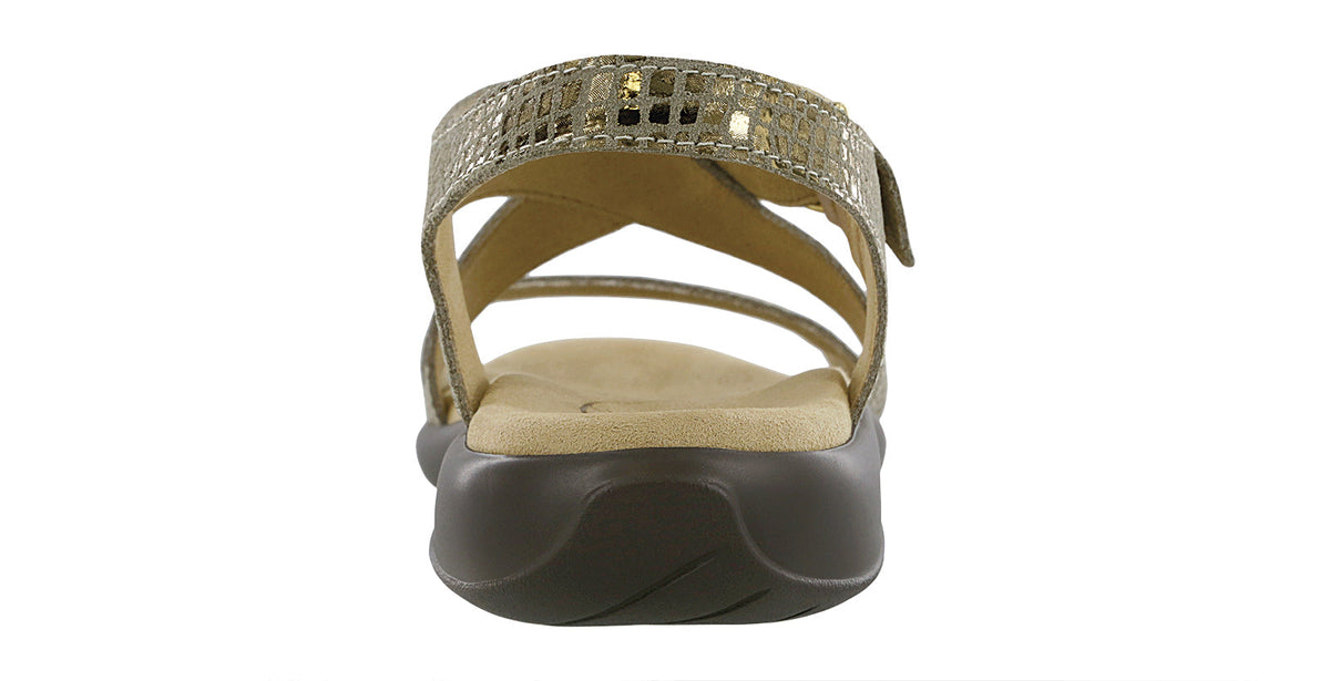 Allen's Bootery Laguna olive gold leather sandal featuring a metallic buckle and contoured padded insole, back view.
