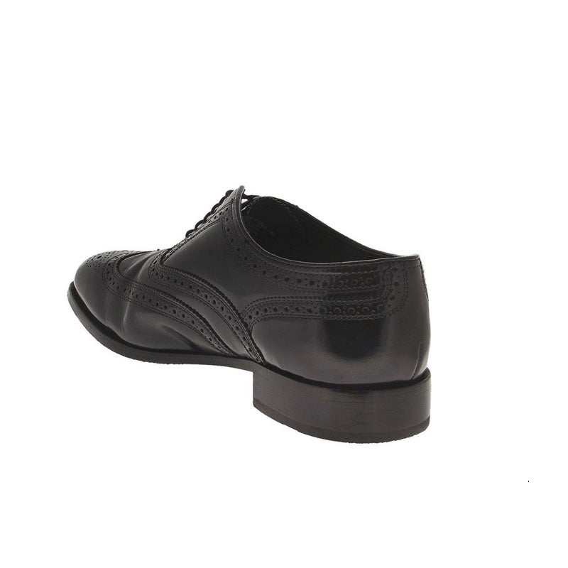 Allen's Bootery Lexington black leather wingtip oxford shoe with intricate perfing details, rear view