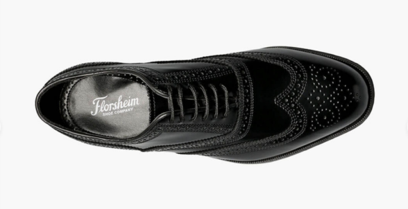 Allen's Bootery Florsheim Lexington black leather wingtip oxford shoe with intricate perfing details, top-down view.