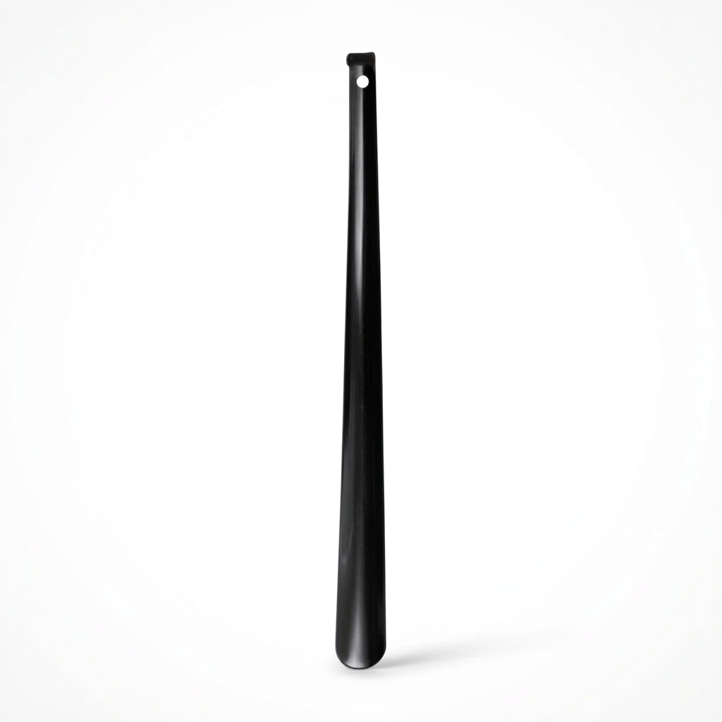 Allen's Bootery 23-inch long black metal shoe horn with a convenient hanging hole for easy storage.
