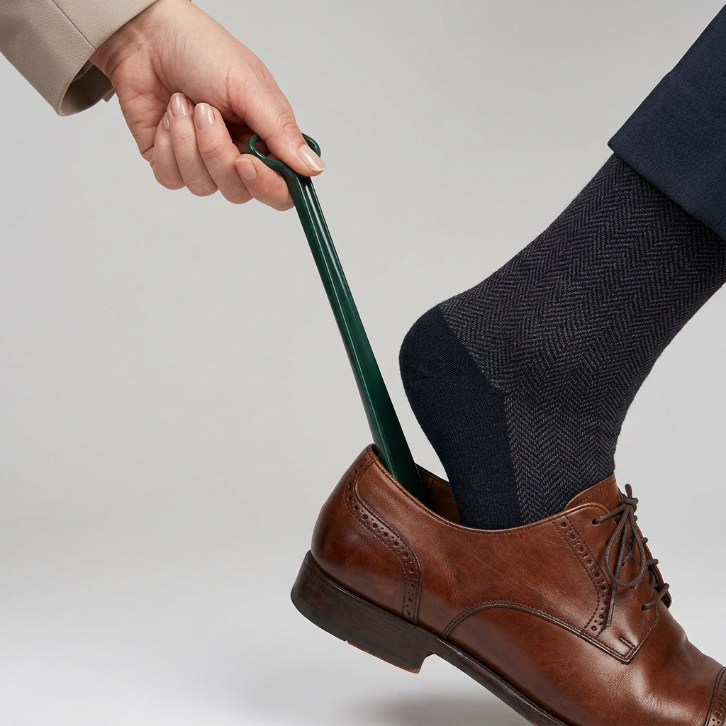 Allen's Bootery 24-inch green plastic shoe horn being used to slide a foot into a brown leather dress shoe.