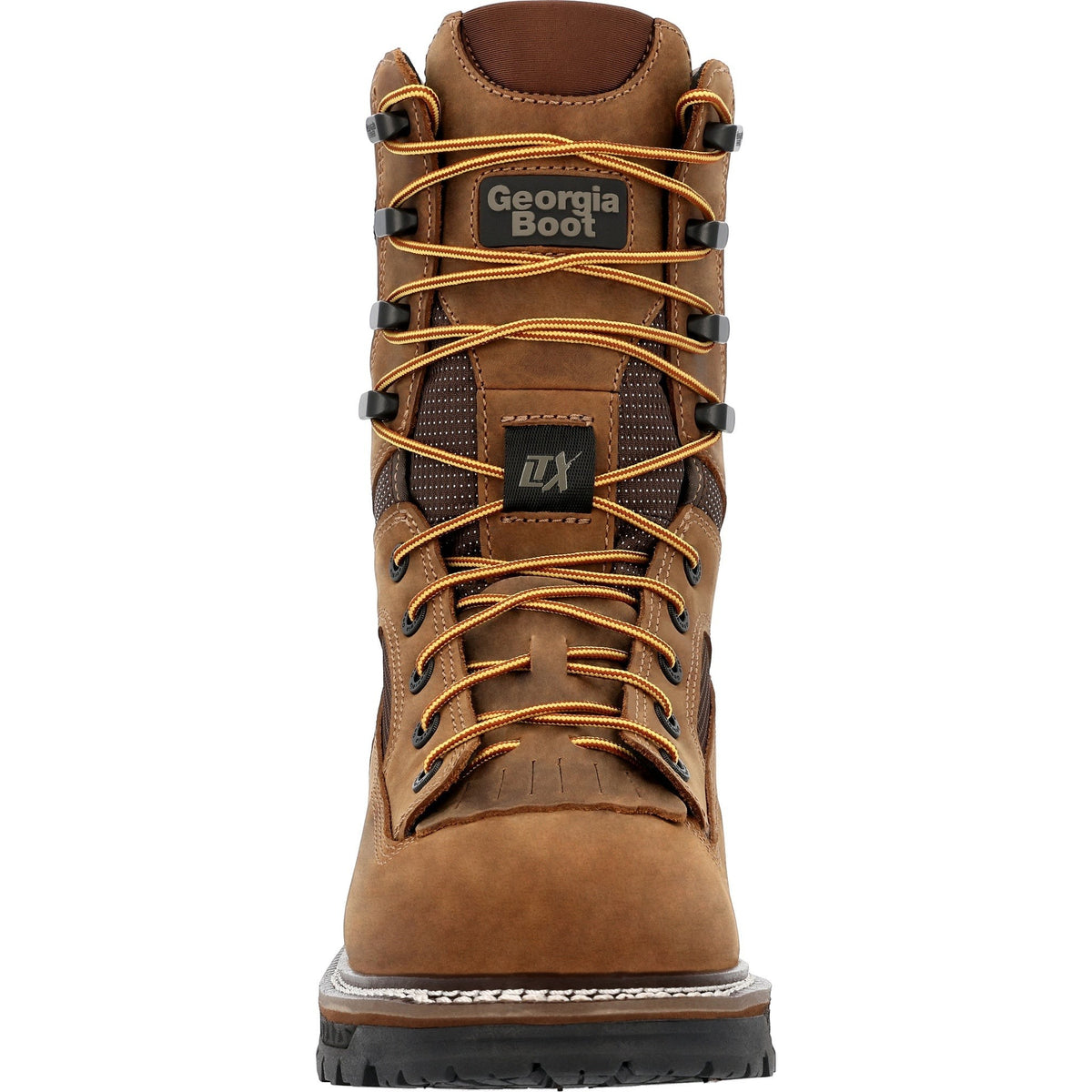Allen's Bootery Georgia Boot LTX 9-inch waterproof composite toe work boot in brown leather with yellow laces.