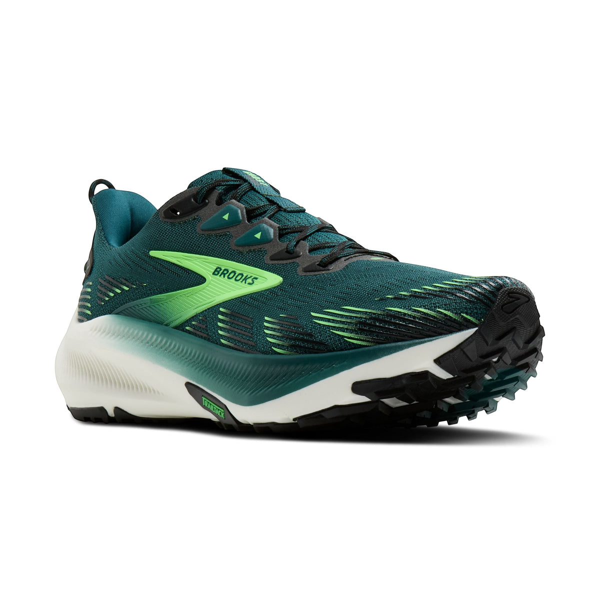 Allen's Bootery Men's Ghost Trail running shoe in Atlantic Deep, black, and green with breathable mesh upper and all-terrain traction.
