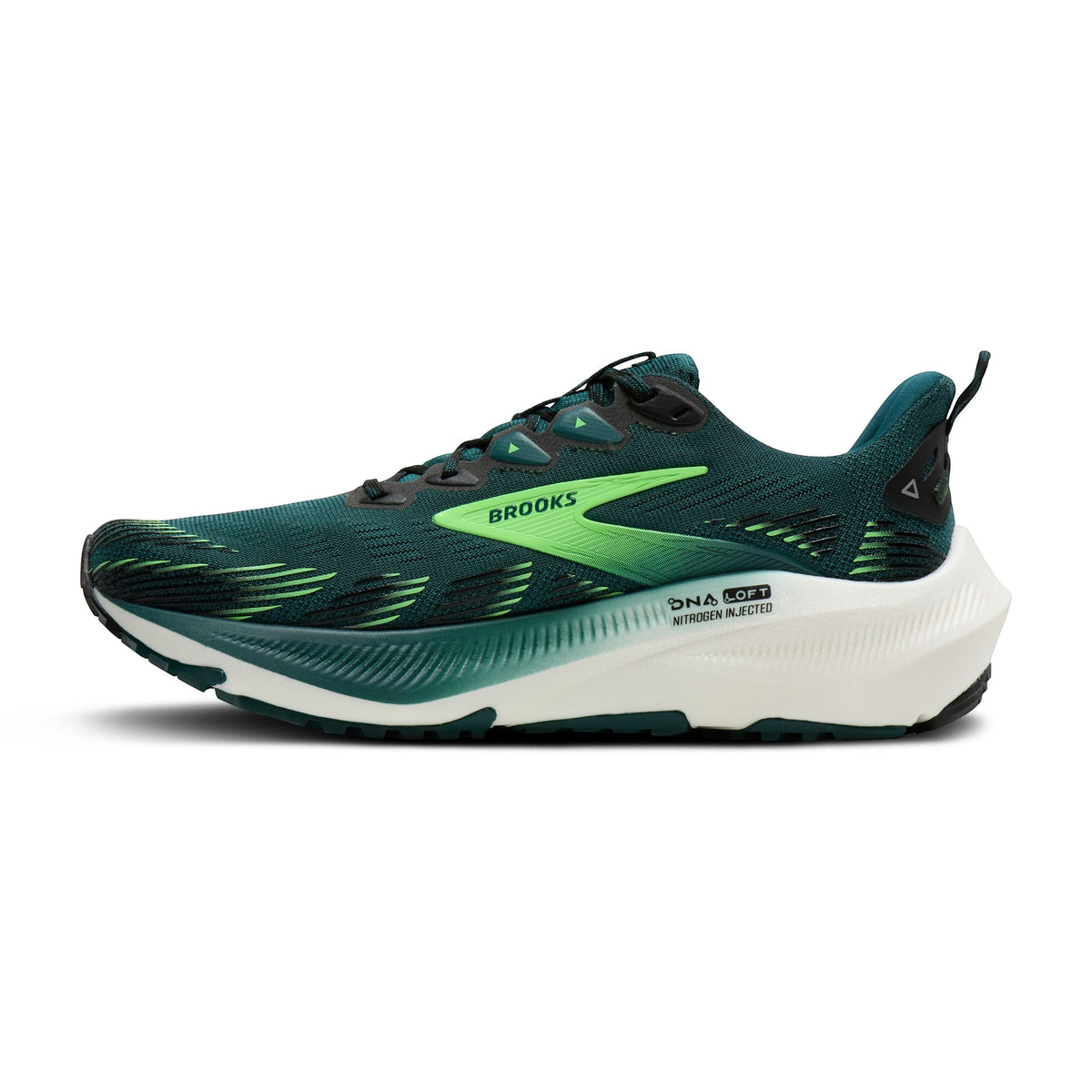 Allen's Bootery Men's Ghost Trail running shoe in Atlantic Deep, black, and green with breathable mesh upper and nitrogen-infused cushioning.