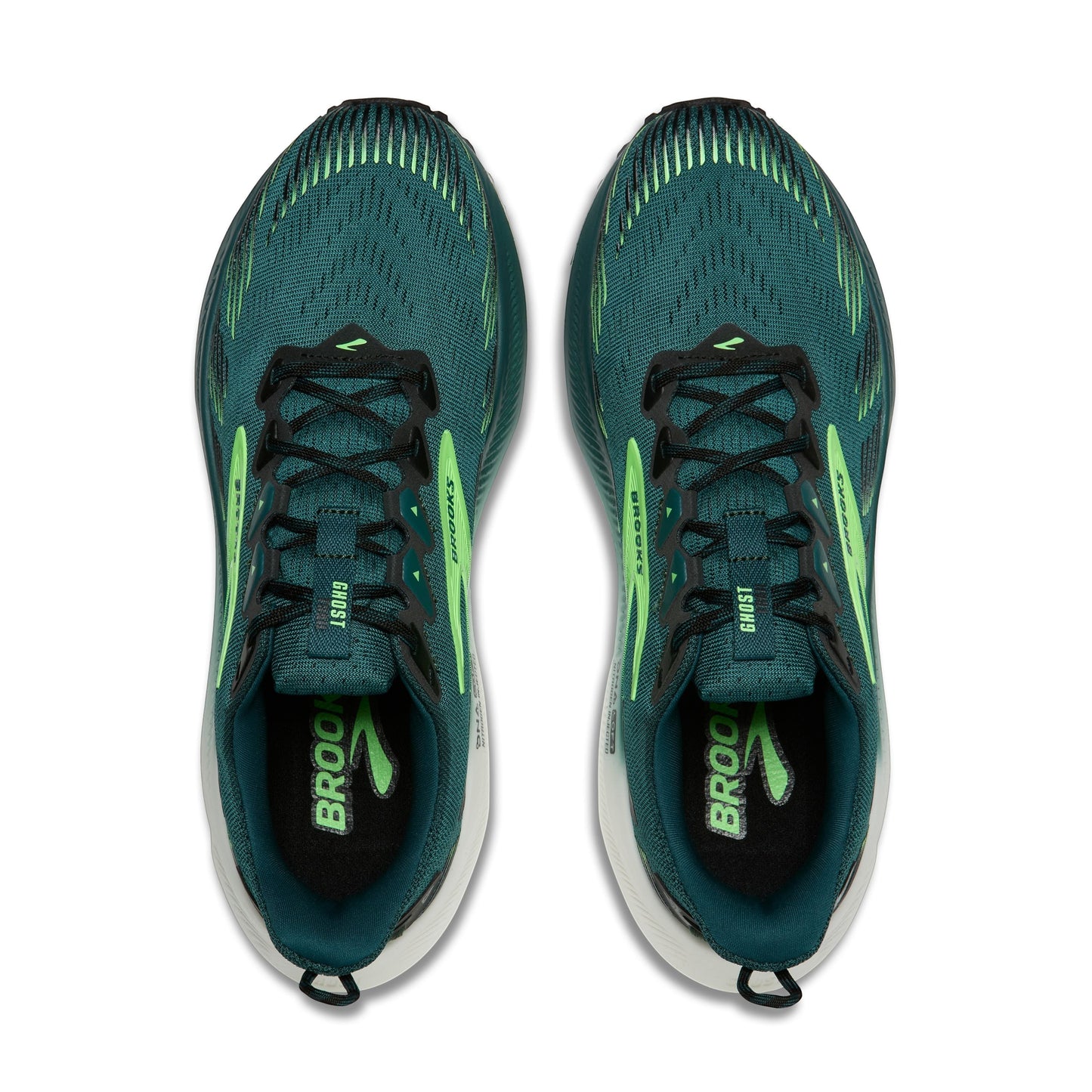 Allen's Bootery Men's Ghost Trail running shoes in Atlantic Deep, black, and green. Breathable mesh upper with neon green accents.