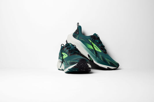 Allen's Bootery Men's Ghost Trail running shoes in Atlantic Deep, black, and green. Breathable mesh upper with dynamic support.
