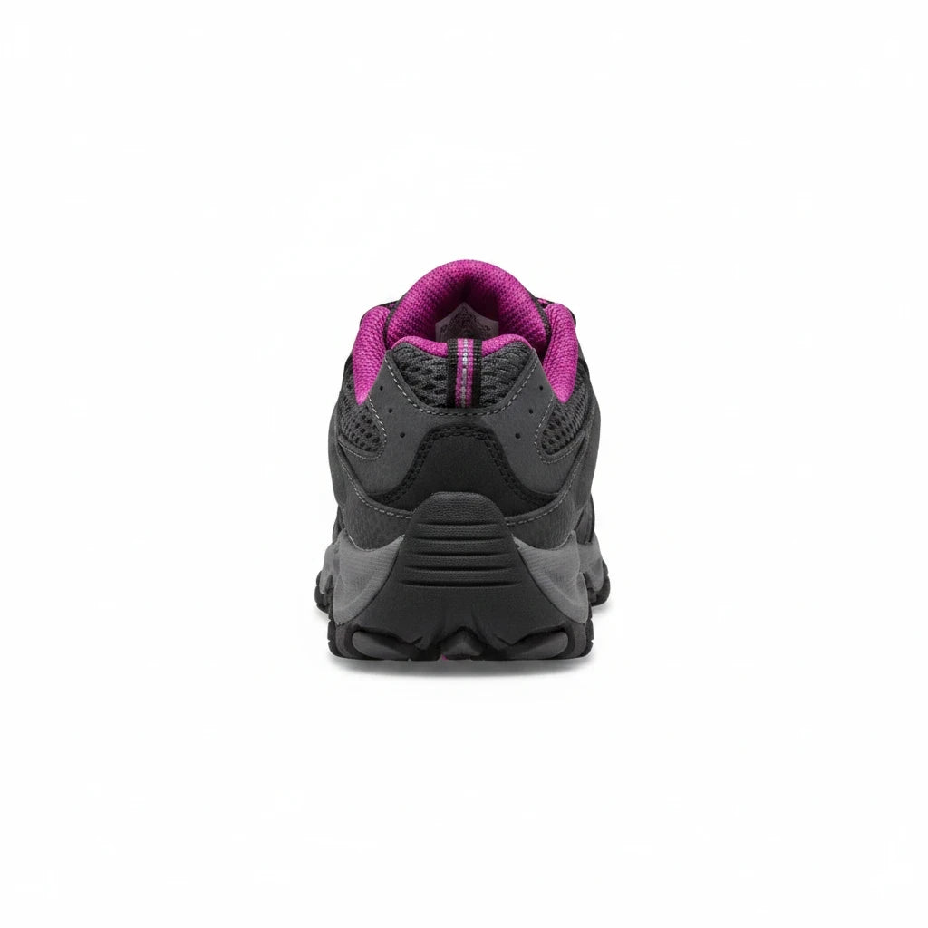 Allen's Bootery Big Kid's Moab 3 hiking shoe in granite grey and berry purple, showing the rear heel view.