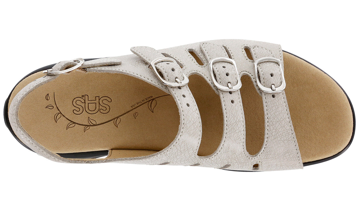 Allen's Bootery Mystic linen-colored sandal with four adjustable buckles and cushioned microfiber insole