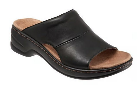 Allen's Bootery Nara black leather slide sandal with a cushioned memory foam footbed and lightweight flexible sole.