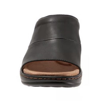 Allen's Bootery Nara black leather slide sandal with memory foam footbed and lightweight flexible sole