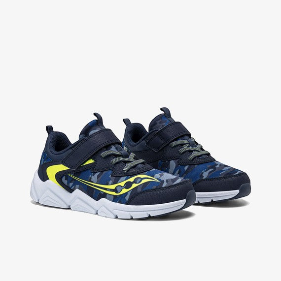 Allen's Bootery Little Kid's Flash LE navy blue camouflage sneakers with lime green accents and velcro straps.